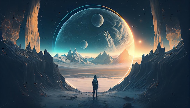 Un hombre se para frente a un planeta con montañas al fondo.
