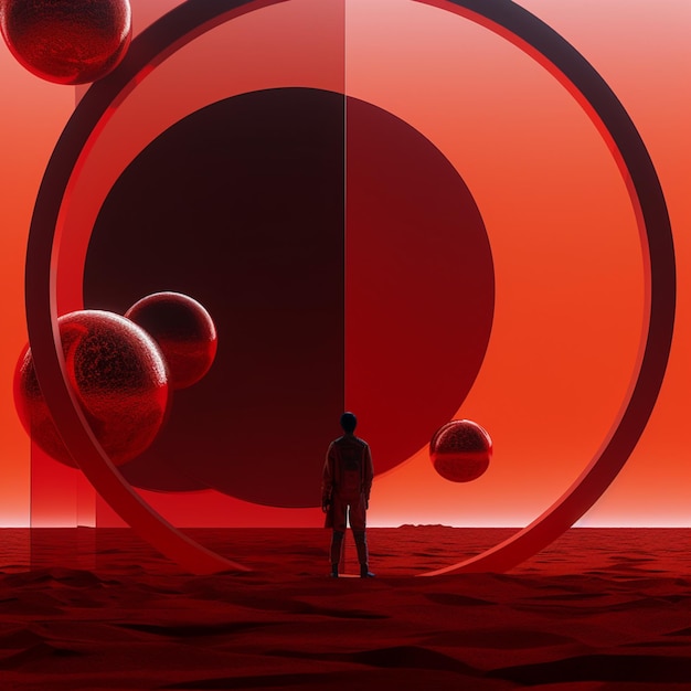Foto un hombre se para frente a un planeta rojo con un círculo de estrellas.