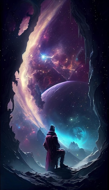 Un hombre se para frente a un planeta con el universo de fondo.