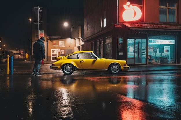 Un hombre se para frente a un porsche amarillo con un logo rojo en el frente.