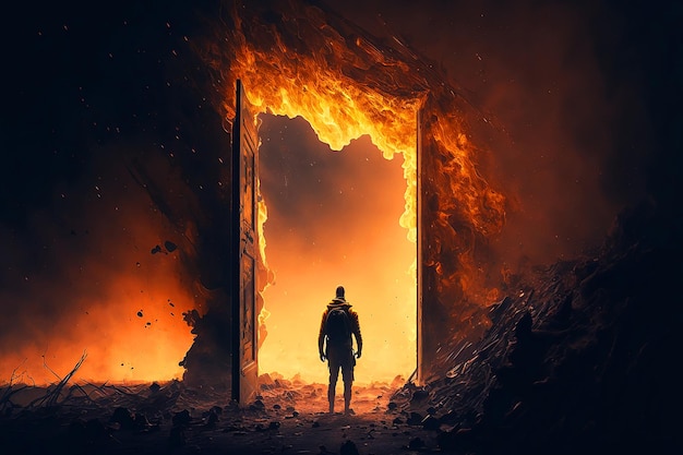 Un hombre se para frente a una puerta contra incendios que dice fuego.