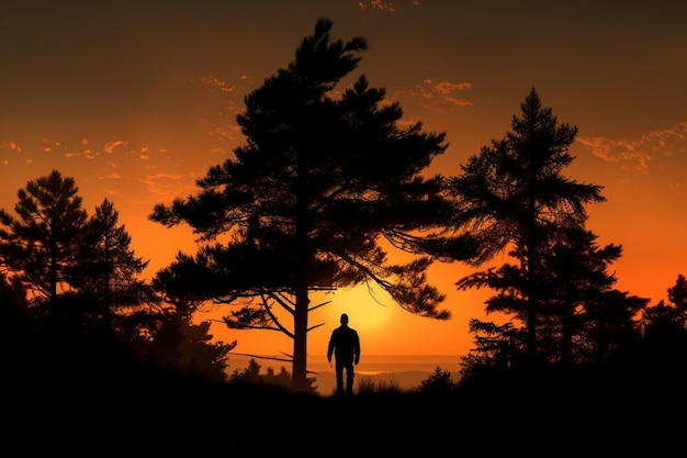 Un hombre se para frente a una puesta de sol con el sol poniéndose detrás de él.