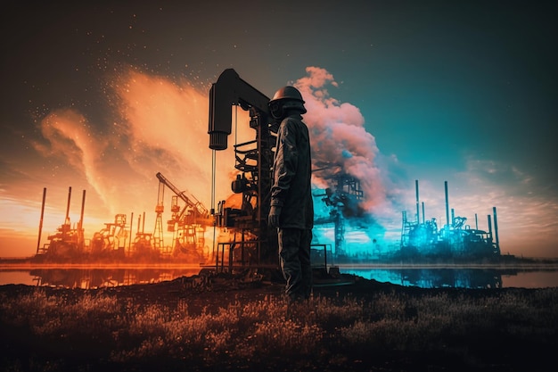 Un hombre se para frente a una refinería de petróleo con un incendio de fondo.