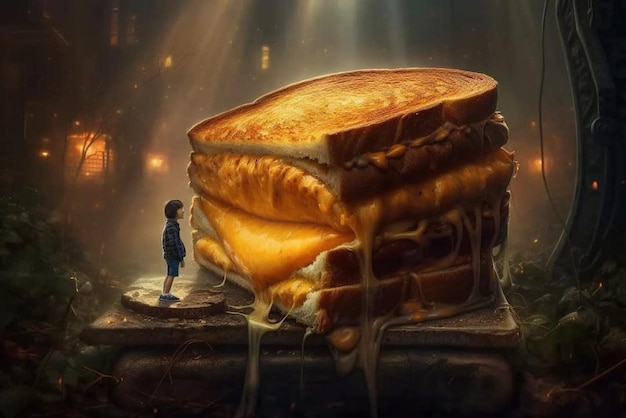 Un hombre se para frente a un sándwich gigante con la imagen de un niño parado frente a él.