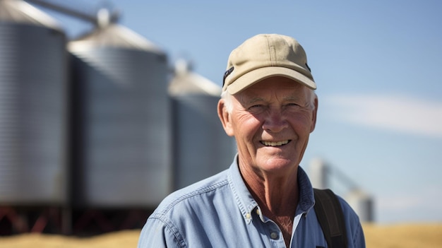 Un hombre se para frente a un silo de grano.