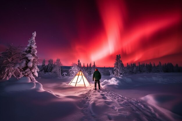 Un hombre se para frente a una tienda de campaña con la aurora boreal.