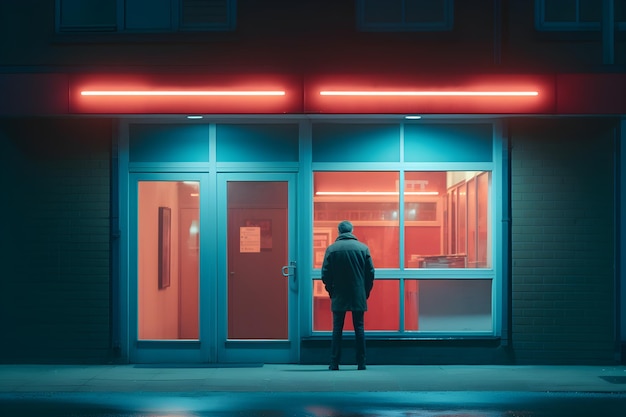 Un hombre se para frente a una tienda con una luz roja en el frente.