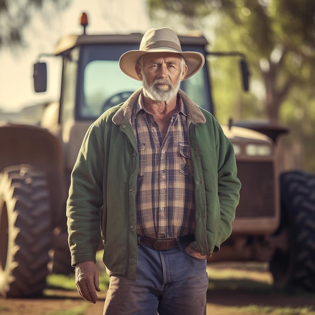 Un hombre se para frente a un tractor y un tractor.