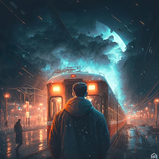 El hombre se para frente a un tren en el cielo nocturno