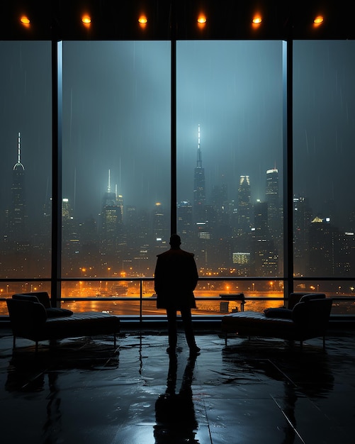 Un hombre se para frente a una ventana mirando el horizonte de la ciudad.