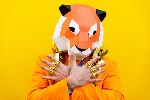 Foto hombre fresco con máscara de origami 3d con ropa de colores con estilo concepto creativo para hacer publicidad de máscara de cabeza de animal haciendo cosas divertidas sobre fondo de colores