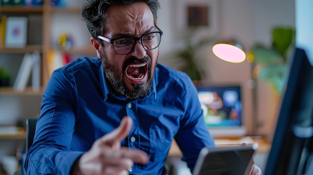 Hombre frustrado en el escritorio reaccionando a la pantalla de la computadora Situación estresante en el lugar de trabajo capturada por la cámara Ilustración de los desafíos del trabajo moderno Ambiente de oficina de la vida real IA