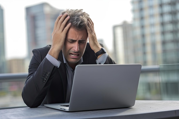 Hombre frustrado frente a la computadora portátil