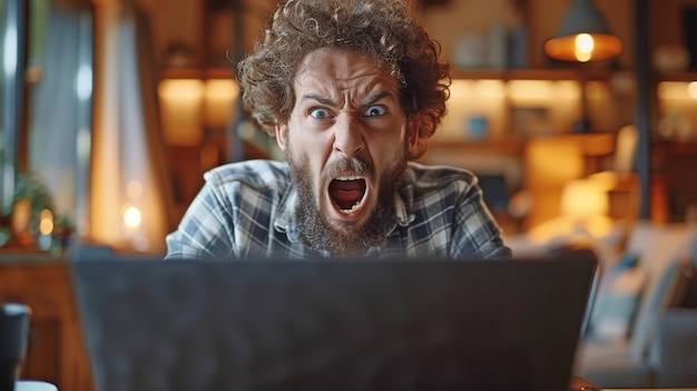 Foto un hombre frustrado está hablando y usando una computadora.