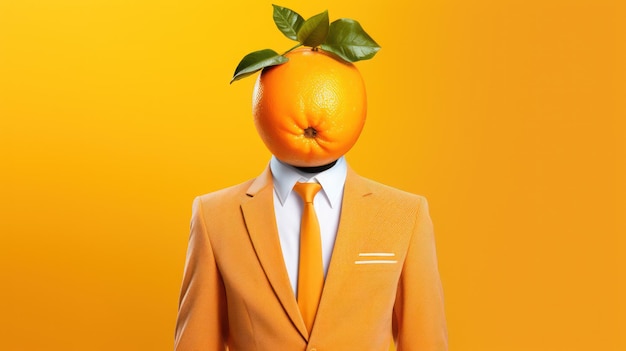 Hombre Fruta Naranja con traje en el fondo de color pastel