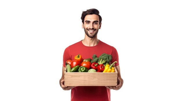 Hombre fuerte con una caja de frutas y verduras sobre un fondo blanco