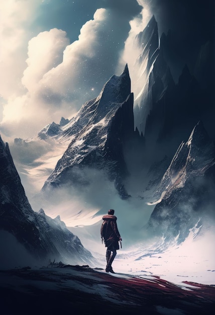 Hombre fuerte caminando hasta la cima de la montaña nevada en el frío invierno Creado con tecnología de IA generativa