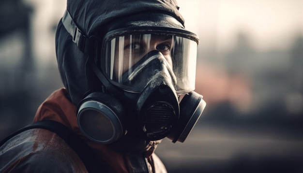 Un hombre fuerzas armadas guerra máscara de gas peligro de contaminación generado por AI