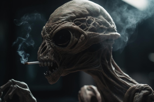 Un hombre fumando un cigarrillo con una gran cabeza alienígena y grandes ojos verdes.