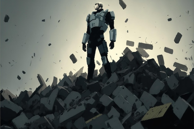Hombre futurista con armas de alta tecnología de pie sobre los escombros ilustración de estilo de arte digital pintura ilustración de fantasía de un hombre futurista con arma en las manos