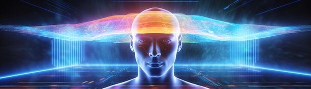 Foto hombre futurista con un cerebro digital perfecto para temas relacionados con el aprendizaje automático de ia y la computación avanzada en los sectores de educación y tecnología, ti, ciberespacio, transferencia de datos de computadoras, ia generativa.