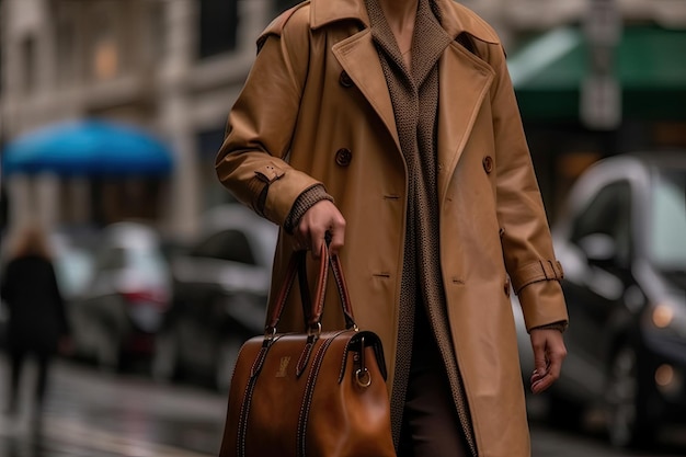 Un hombre con una gabardina sosteniendo una bolsa marrón Generative Ai
