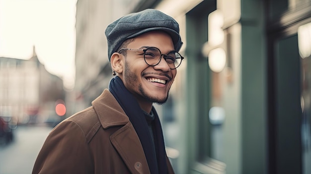 Un hombre con gafas y un abrigo marrón sonríe a la cámara.