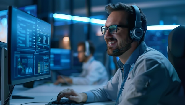 Hombre con gafas y auriculares en