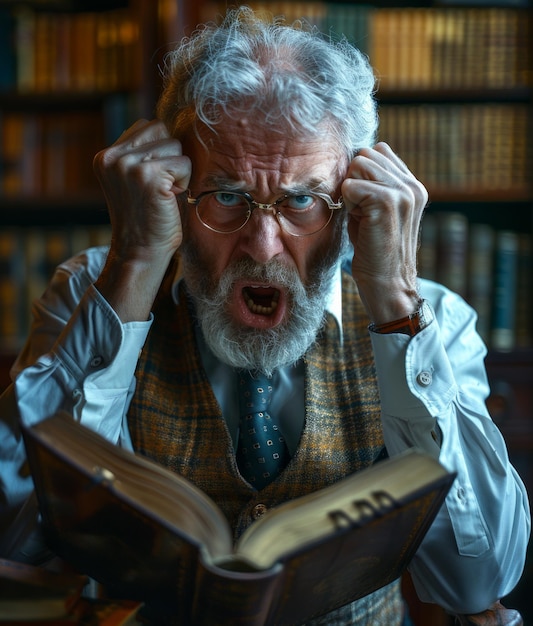 Un hombre con gafas y barba está leyendo un libro y parece estar enojado.
