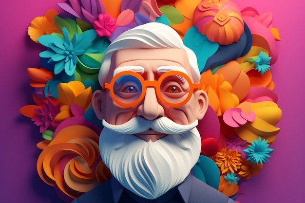 Un hombre con gafas y barba está rodeado de flores.