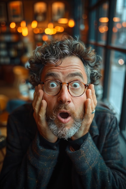 Un hombre con gafas y barba parece sorprendido. Lleva una chaqueta negra y una camisa marrón.