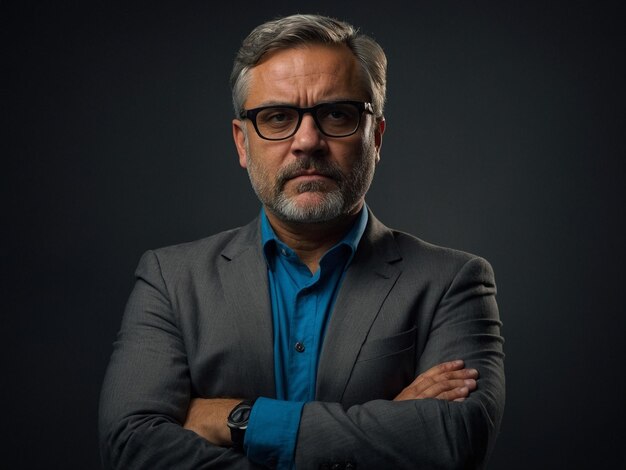 un hombre con gafas y una barba de pie frente a un fondo negro