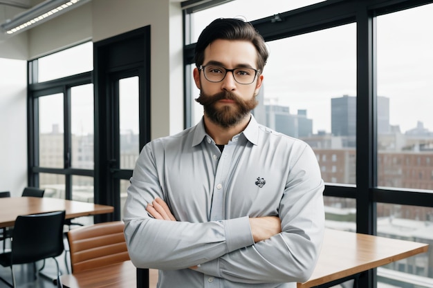 Foto un hombre con gafas y una barba de pie frente a una ventana con una vista de la ciudad detrás de él y un bosque