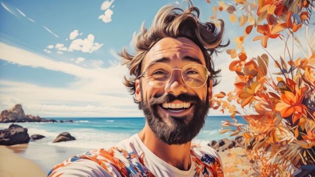 Un hombre con gafas y barba de pie junto a una playa