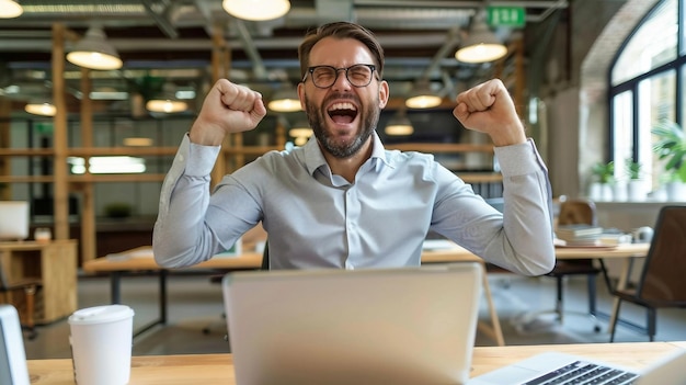 Un hombre con gafas y barba sentado en una mesa frente a una computadora portátil