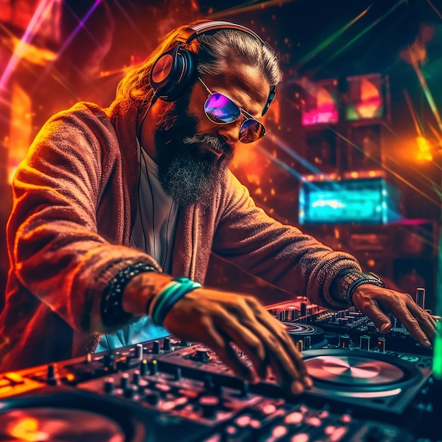 Un hombre con gafas y barba toca dj con un tocadiscos.