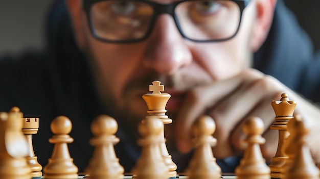 Foto un hombre con gafas de borde de cuerno mirando fijamente un tablero de ajedrez con una expresión intensa está contemplando su próximo movimiento