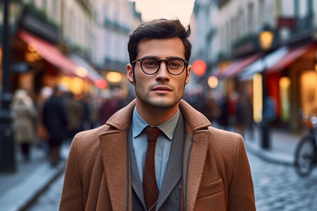 Un hombre con gafas se para en una calle de París