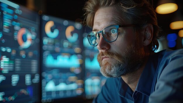 un hombre con gafas y una camisa azul está mirando una pantalla de computadora