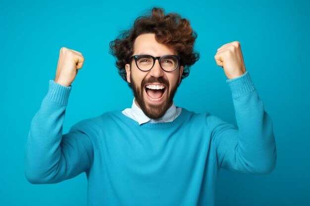 un hombre con gafas y una camisa azul con las palabras es feliz en el frente