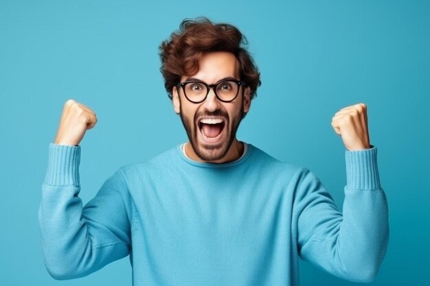 un hombre con gafas y una camisa azul con las palabras nerd en él