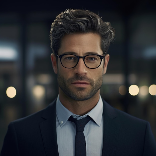 un hombre con gafas y una camisa con una corbata que dice "él lleva gafas".