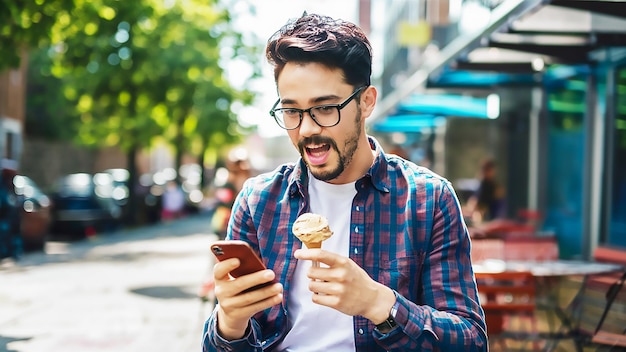 un hombre con gafas y una camisa a cuadros está comiendo un cono de helado