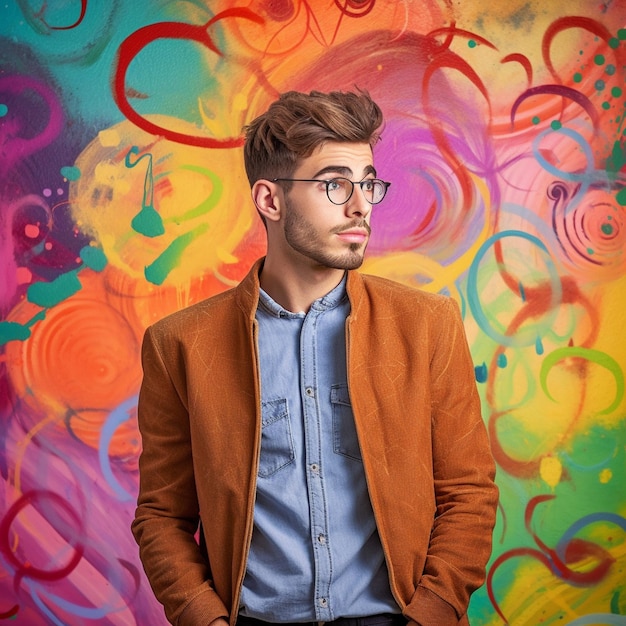 un hombre con gafas y una camisa se para frente a una pared colorida con círculos coloridos.