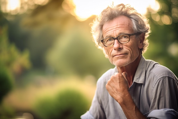 Un hombre con gafas y una camisa gris se sienta en un parque.