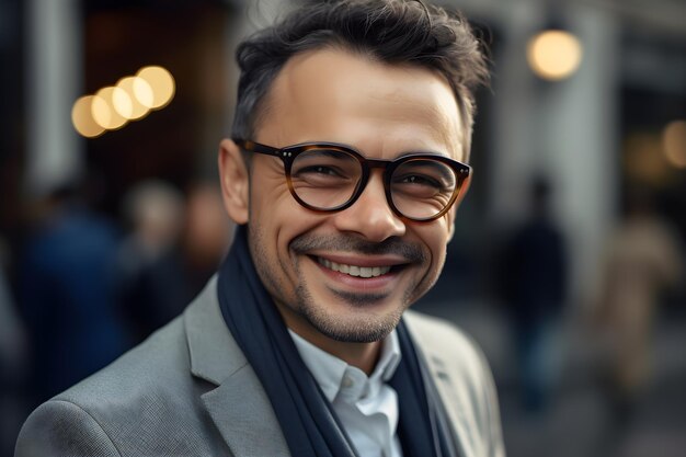 Un hombre con gafas y una camisa gris.