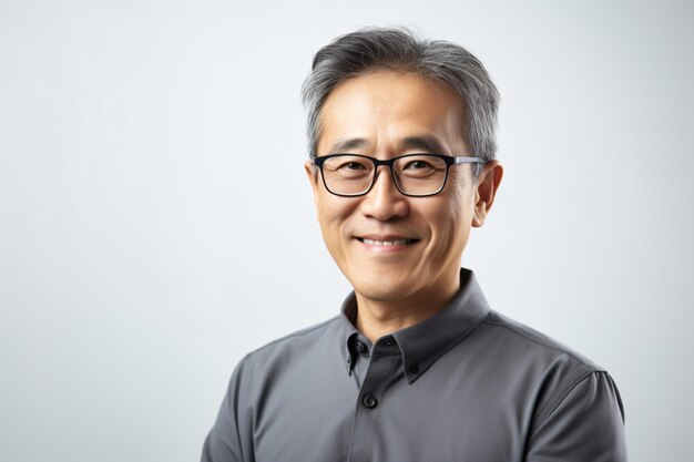 Un hombre con gafas y una camisa gris.