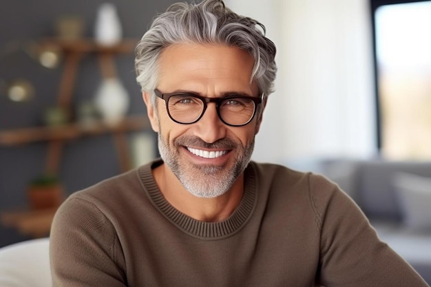 un hombre con gafas y una camisa marrón con un suéter