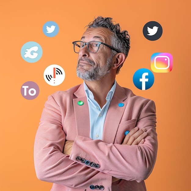 un hombre con gafas y una camisa rosa con la palabra Facebook en él