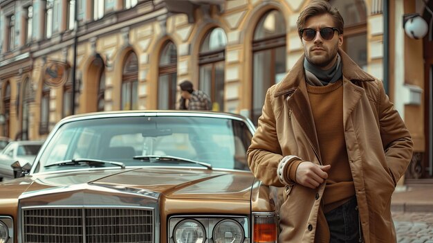 Un hombre con gafas cerca de un coche en una calle de la ciudad